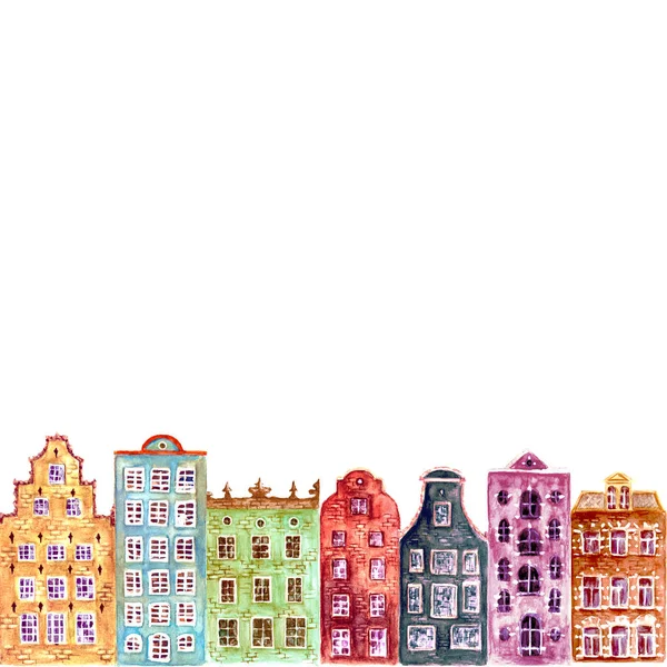 Old europe houses. Seamless pattern of watercolor colorful european amsterdam style houses. Watercolour hand drawn Netherlands stylized facades of old buildings background. Template illustration.
