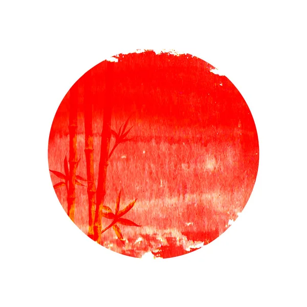Rode Silhouet Van Bamboe Stengels Bladeren Grote Rode Zon Geïsoleerd — Stockfoto
