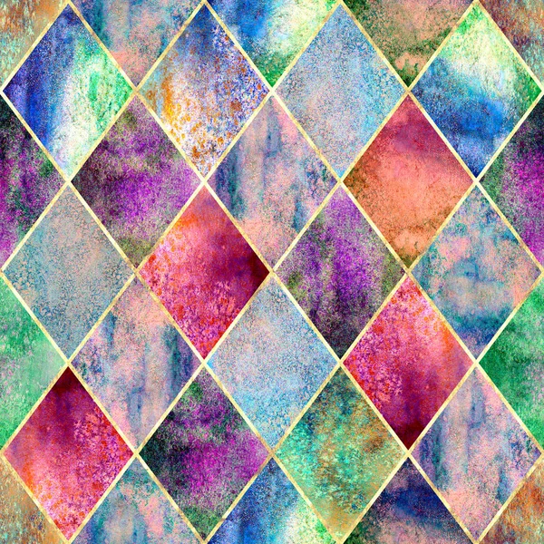 Watercolor Argyle Abstrato Geométrico Xadrez Padrão Sem Costura Com Contorno — Fotografia de Stock