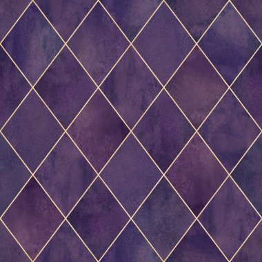 Suluboya argyle soyut geometrik ekose seamless modeli altın glitter çizgi kontur ile. Suluboya el Mor renk lüks parlak arka plan çekilmiş. Baskı Tekstil, duvar kağıdı, ambalaj için.