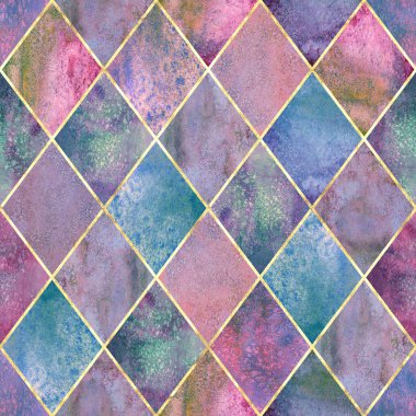 Suluboya argyle soyut geometrik ekose seamless modeli altın glitter çizgi kontur ile. Suluboya el Mor renkli doku arka plan çekilmiş. Baskı Tekstil, duvar kağıdı, ambalaj için.