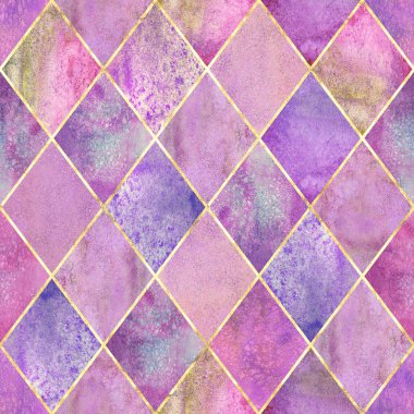 Suluboya argyle soyut geometrik ekose seamless modeli altın glitter çizgi kontur ile. Suluboya el pembe renkli doku arka plan çekilmiş. Baskı Tekstil, duvar kağıdı, ambalaj için.