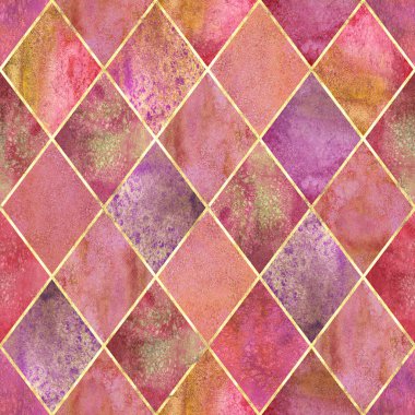 Suluboya argyle soyut geometrik ekose seamless modeli altın glitter çizgi kontur ile. Suluboya el renkli kırmızı doku arka plan çekilmiş. Baskı Tekstil, duvar kağıdı, ambalaj için.
