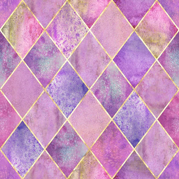 Suluboya argyle soyut geometrik ekose seamless modeli altın glitter çizgi kontur ile. Suluboya el pembe renkli doku arka plan çekilmiş. Baskı Tekstil, duvar kağıdı, ambalaj için.