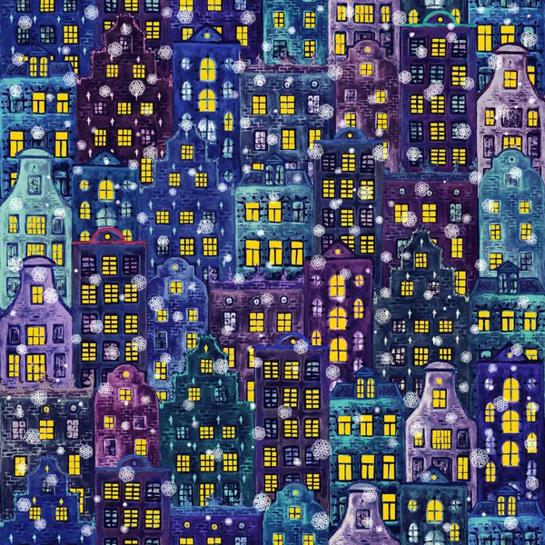 Christmas background with night snowy winter city. Watercolour old europe houses with snowflakes. Watercolor seamless pattern of colorful european amsterdam style houses with light in the windows.