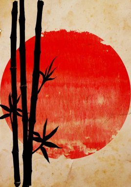 Bambu siyah siluet kaynaklanıyor ve dikey eski kahverengi kağıt arka plan üzerinde izole büyük kırmızı güneş üzerinde bırakır. Metin için yer ile geleneksel Japon illüstrasyon suluboya el çekilmiş.