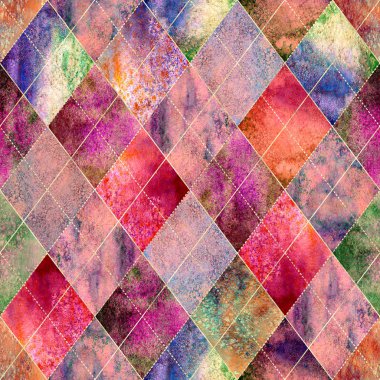 Suluboya argyle soyut pembe geometrik ekose seamless modeli altın glitter çizgi kontur ile. Suluboya elle çizilmiş parlak renkli doku arka plan. Baskı Tekstil, duvar kağıdı, ambalaj için.