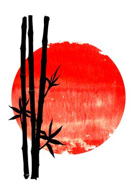 Bambu siyah siluet kaynaklanıyor ve dikey beyaz arka plan üzerinde izole büyük kırmızı güneş üzerinde bırakır. Metin için yer ile geleneksel Japon illüstrasyon suluboya el çekilmiş.