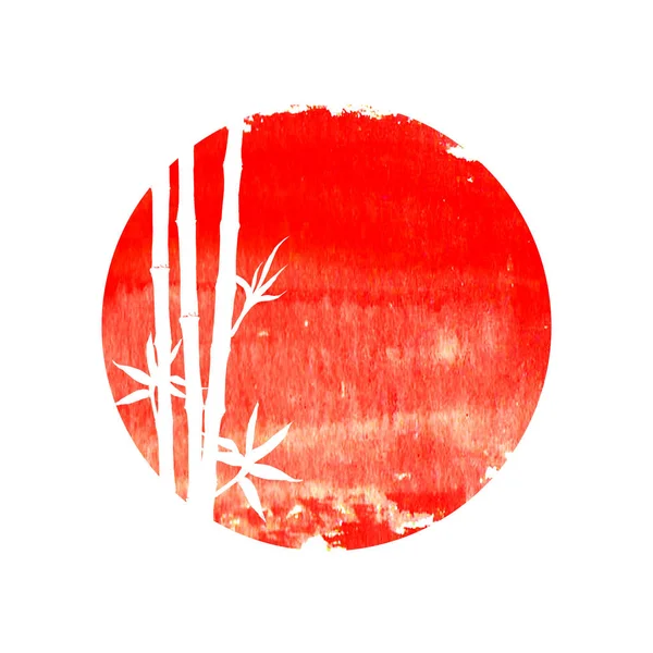 White silhouette of bamboo stems and leaves on big red sun isolated on square white background. Watercolor hand drawn traditional Japanese illustration with space for text.