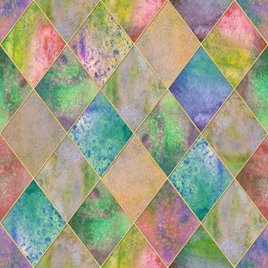 Suluboya argyle soyut geometrik ekose seamless modeli altın glitter çizgi kontur ile. Suluboya el çekilmiş renkli arka plan. Işıltılı doku. Baskı Tekstil, duvar kağıdı, ambalaj için.