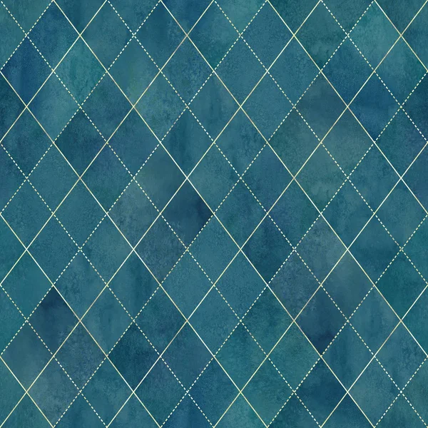 Akvarell Argyle Abstrakta Geometriska Rutigt Sömlösa Mönster Med Guldglitter Linje — Stockfoto