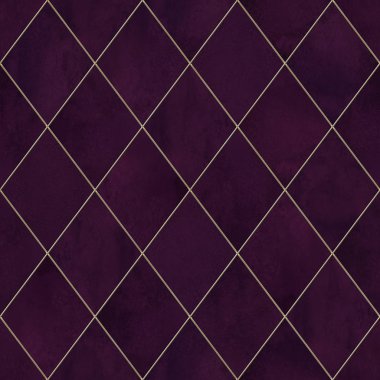 Suluboya argyle soyut geometrik ekose seamless modeli altın glitter dağılımı ile. Suluboya çizilmiş koyu mor arka plan ver. Lüks parlak doku. Baskı Tekstil, duvar kağıdı, ambalaj için.