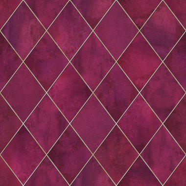 Suluboya argyle soyut geometrik ekose seamless modeli altın glitter dağılımı ile. Suluboya çizilmiş koyu pembe arka plan ver. Lüks parlak doku. Baskı Tekstil, duvar kağıdı, ambalaj için.