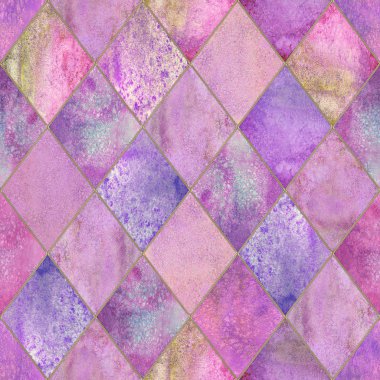 Suluboya argyle soyut geometrik ekose seamless modeli altın glitter dağılımı ile. Suluboya el çekilmiş renkli pembe arka plan. Lüks parlak doku. Baskı Tekstil, kaydırma duvar kağıdı için