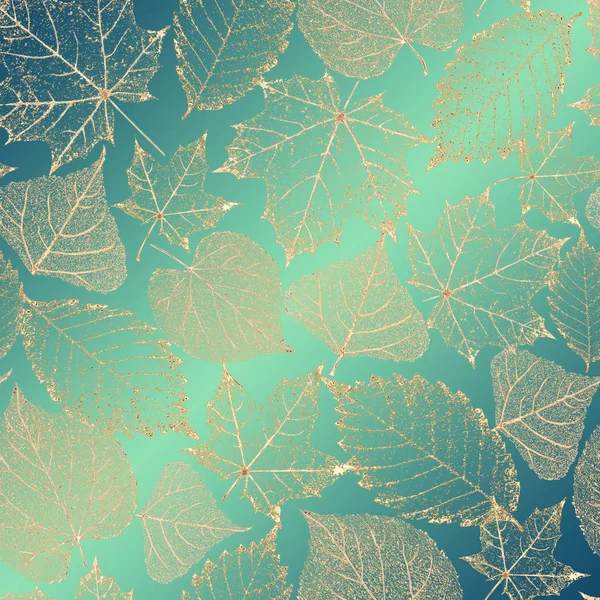 Autumn bright color square background. Beautiful gold golden transparent skeleton leaves delicate pattern texture on teal green blue gradient background.