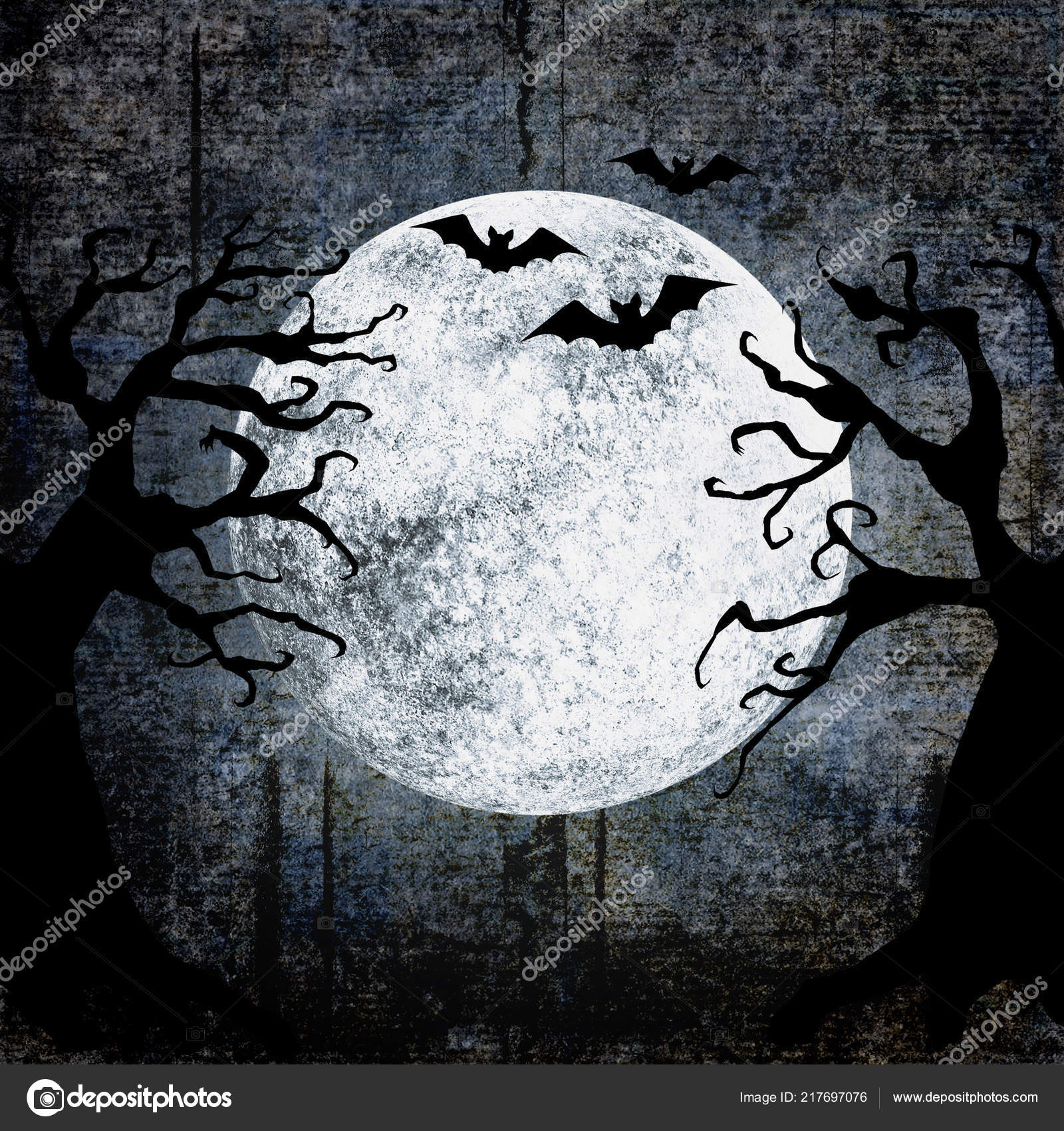 Fondo Grunge Halloween Con Luna Llena Siluetas Murciélagos Terribles  Árboles — Foto de stock #217697076 © OlgaZe, image size:1600x1700