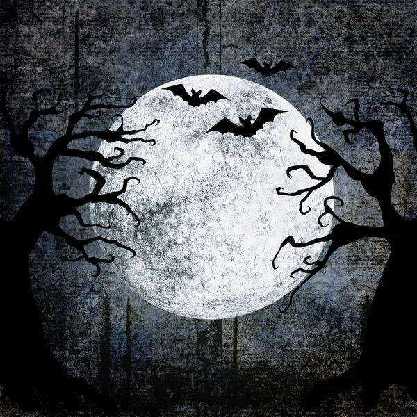 Halloween Grunge Sfondo Con Luna Piena Sagome Pipistrelli Terribili Alberi — Foto Stock