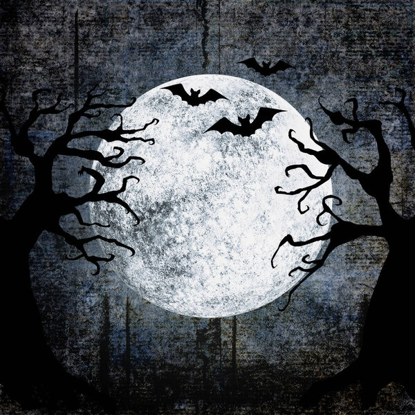 Halloween grunge background with full moon, silhouettes of bats, terrible dead trees on dark spooky night cloudy sky. Halloween, horror and decoration concept. Space for text.
