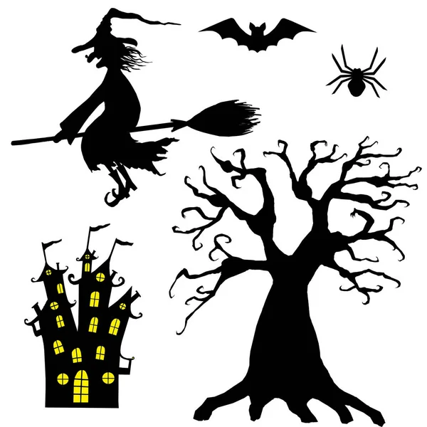 Silhouette Halloween Set Sorridente Strega Malvagia Che Vola Manico Scopa — Foto Stock