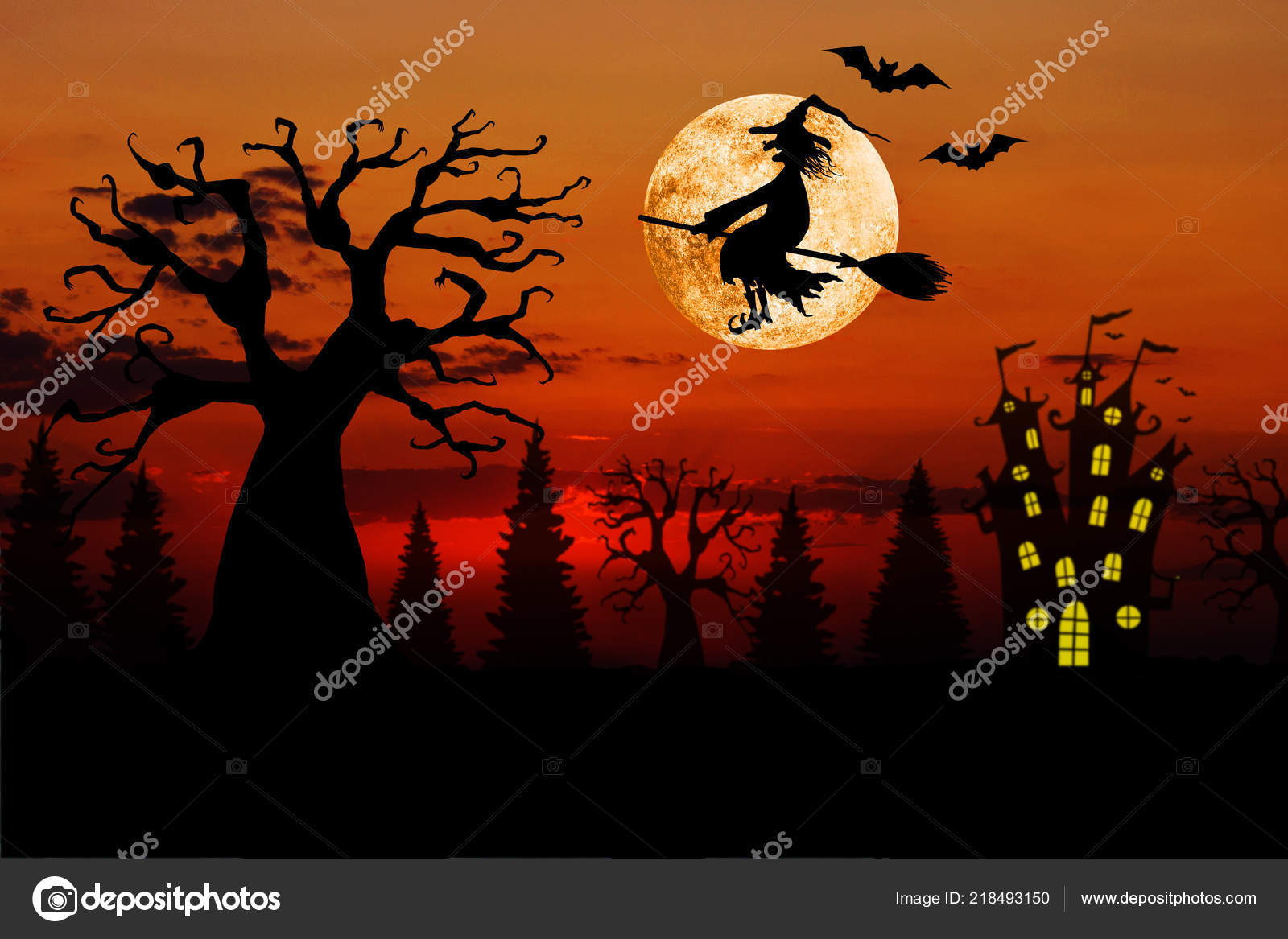 할로윈 보름달 끔찍한 미소의 실루엣 어두운 빨간색 놀라운 하늘에 빗자루에 — 스톡 사진 © OlgaZe #218493150, image size:1600x1167
