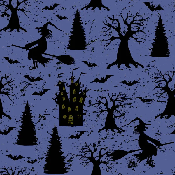 Хеллоуїн Темно Фіолетовий Гранжевий Безшовний Візерунок Силуетами Жахливих Мертвих Дерев — стокове фото