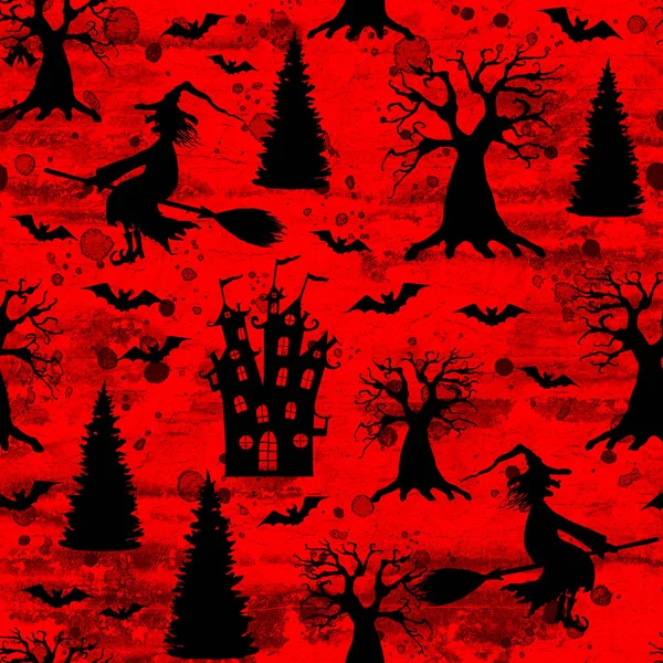 Halloween bloody red grunge seamless pattern with silhouettes of terrible dead trees, castle, bats, wicked witch flying on broomstick on dark red spooky night background. Halloween, horror concept.