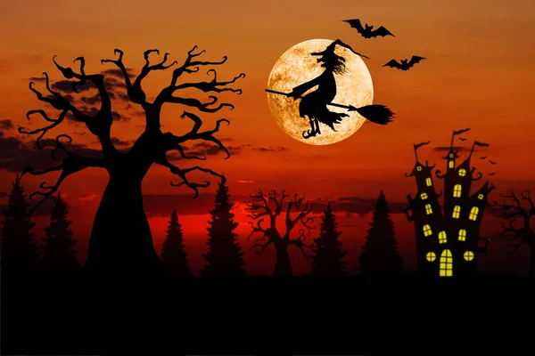 Halloween Sangriento Atardecer Rojo Fondo Horizontal Con Luna Llena Siluetas — Foto de Stock