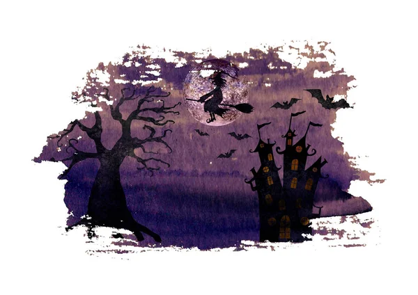 万圣节背景与邪恶的女巫飞行的剪影 可怕的死树 蝙蝠和满月的水彩手绘制暗紫色幽灵夜空污点背景 — 图库照片
