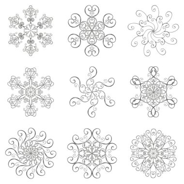3D efekti gümüş beyaz arka plan üzerinde izole koleksiyon küme kar taneleri. Güzel kar simgeler, siluetleri. Tasarım öğeleri Noel, yeni yıl kavramı afiş, kartları, davetiyeleri, kağıt ambalaj.