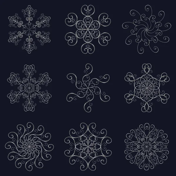 Сніжинки Срібло Колекція Ізольовані Синьому Фоні Красиві Плоских Сніг Іконки — стокове фото