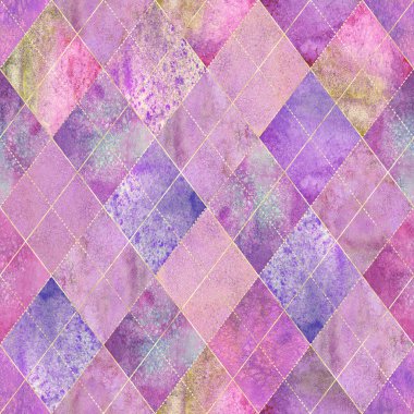 Suluboya argyle soyut geometrik ekose seamless modeli altın glitter dağılımı ile. Suluboya el çekilmiş renkli pembe arka plan. Lüks parlak doku. Baskı Tekstil duvar kağıdı sarma için