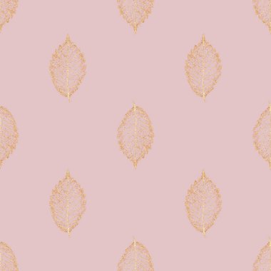 Sonbahar peri soyut glitter şeffaf altın kayın yaprak iskeletler seamless modeli. Süsleme pembe bir arka plan üzerinde pırıltılı Lüks Sarı Altın yaprağı. Baskı Tekstil, duvar kağıdı, ambalaj için.