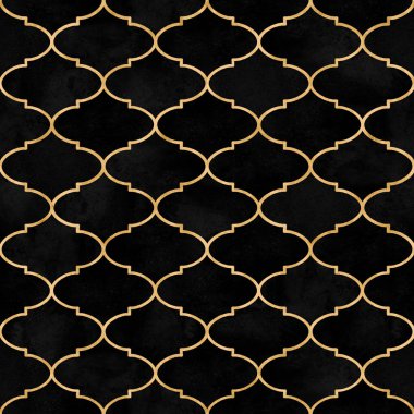 Altın çizgi ile Fas kadife siyah vintage dekoratif suluboya lüks seamless modeli. Suluboya elle çizilmiş koyu arka plan. Suluboya geometrik oryantal öğeleri doku.