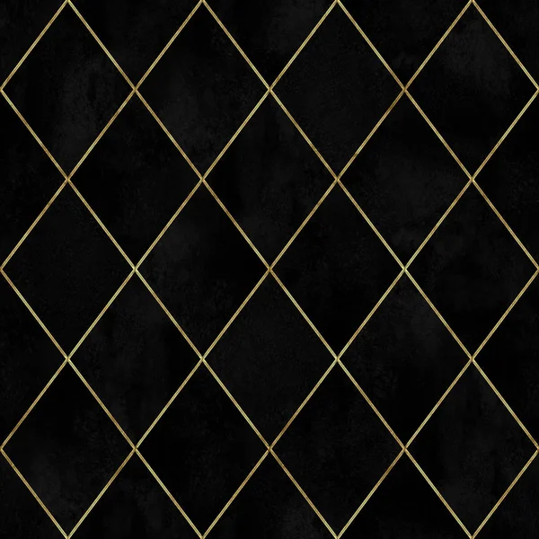 Акварель Черный Бархатный Аргайл Абстрактный Геометрический Клетчатый Бесшовный Узор Золотым — стоковое фото