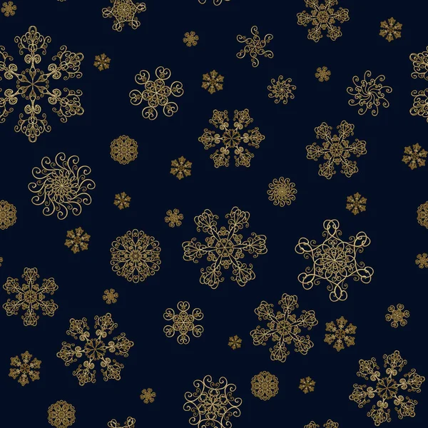冬季深蓝色手画无缝的图案与黄金美人雪花 金色雪水晶的奢华背景 新年快乐 圣诞快乐的概念 印花面料 — 图库照片