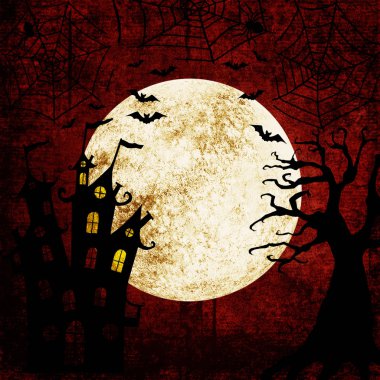 Dolunay, yarasalar, korkunç ölü ağaç, kale, ağları ve karanlık ürkütücü gece gökyüzü örümcekler siluetleri ile Halloween kanlı kırmızı grunge arka plan. Cadılar Bayramı, korku kavramı. Metin için yer.