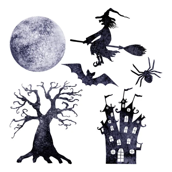 Sagome Acquerello Halloween Set Acquerello Disegnato Mano Sorridente Strega Malvagia — Vettoriale Stock
