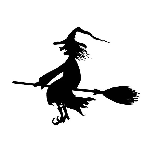Halloween Witch Silhouette Smiling Wicked Witch Flying Broomstick Hat Wart — Stock Vector