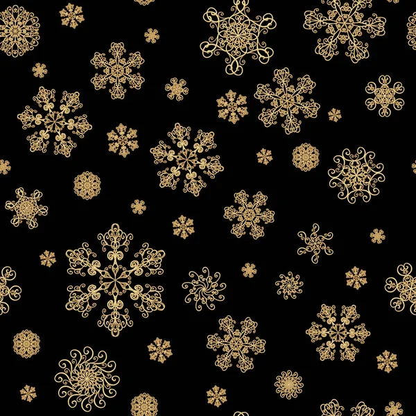 冬季黑手绘制无缝图案与黄金美人雪花 金色雪水晶的奢华背景 新年快乐 圣诞快乐的概念 印花面料 — 图库照片