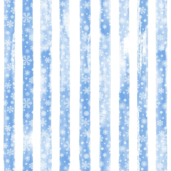 冬水彩手描き下ろしストライプ シームレス パターン プリント白美雪の結晶 青い水彩ストライプ ホワイト バック グラウンド ギフト包装 幸せな新年とクリスマスのコンセプト — ストック写真