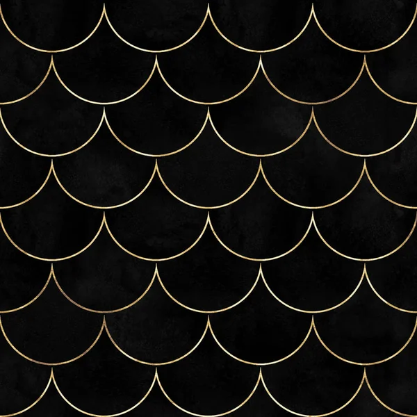 Mermaid fish scale black velvet wave japanese luxury seamless pattern. Watercolor hand drawn velour background with gold line. Watercolour scale shaped texture. Print for textile, wallpaper, wrapping.
