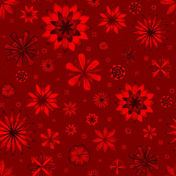 Απρόσκοπτη Ακουαρέλα Ρομαντικά Μάνταλα Αφηρημένο Floral Μοτίβο Λουλούδια Κόκκινο Φόντο — Φωτογραφία Αρχείου