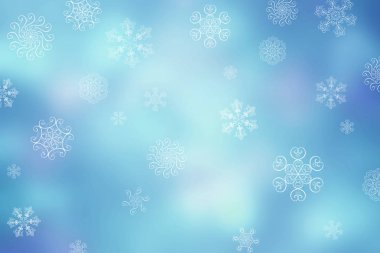 Noel bulanıklık kış düşen kar mavi mor yatay bokeh arka plan benzersiz kar taneleri. Güzel parlak ışıklar bulanık. Noel ve yeni yıl tatilleri arka plan. Metin için yer.