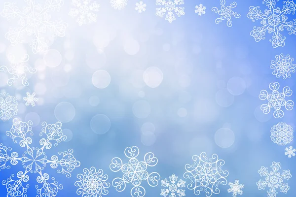 圣诞节抽象模糊冬季下降雪蓝色紫色水平散景背景与独特的雪花 模糊的美丽闪亮的灯光 圣诞节和新年假期背景 文本空间 — 图库照片
