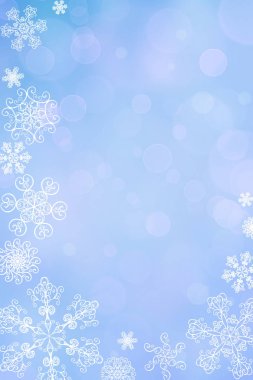 Noel bulanıklık kış düşen kar mavi mor dikey bokeh arka plan benzersiz kar taneleri. Güzel parlak ışıklar bulanık. Noel ve yeni yıl tatilleri arka plan. Metin için yer.