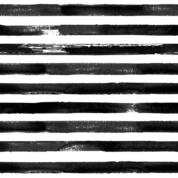 Black and white watercolor hand drawn striped seamless pattern. White background with watercolour brush line ink black horizontal stripes. Ink illustration. Print for textile, wallpaper, wrapping.
