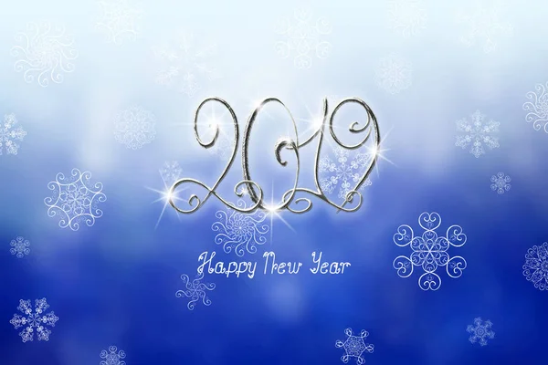 2019 Happy New Year banner illustration with silver numbers and lettering on winter falling snow purple horizontal bokeh background with unique snowflakes. Christmas and New Year holidays concept