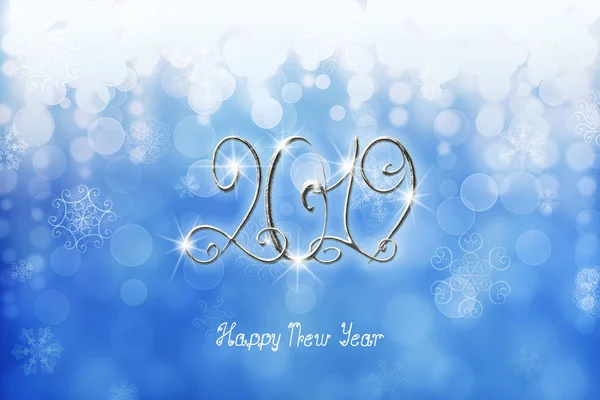 2019 Happy New Year banner illustration with silver numbers and lettering on winter falling snow blue teal horizontal bokeh background with unique snowflakes. Christmas and New Year holidays concept