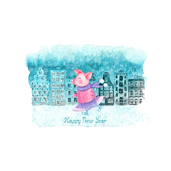 冬水彩の手で幸せな新年とクリスマスのイラスト描かれた古いヨーロッパの家 白い背景で隔離の青い染み雪 スケートの豚 レタリングとグリーティング カード — ストック写真