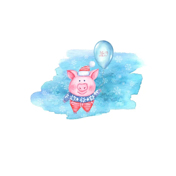 2019 Happy New Year illustration with watercolor pig in knitted sweater, hat and scarf with balloon isolated on blue teal snow stain background. Chinese New Year of the Pig. Christmas greeting card.